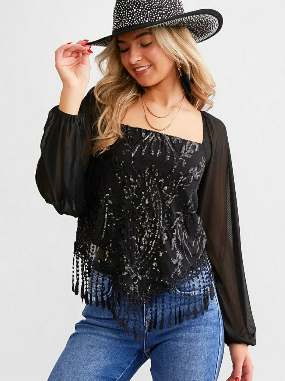 Sequin Hanky Hem Fringe Top